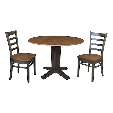 International Concepts 42 in. Solid Wood Round Drop Leaf Pedestal Table with 2 Dining Chairs in Hickory/Washed Coal K45-42DPT-23B-C617-2